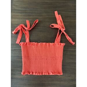 Capulet Blair Smocked Crop Top Womens Small Coral Red Tie Bow Bohemian Linen